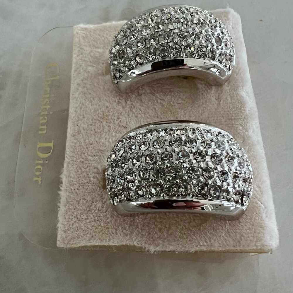 Christian Dior Vintage Silver Pave Crystal Half Hoop Clip-On Earrings - Picture 2 of 16